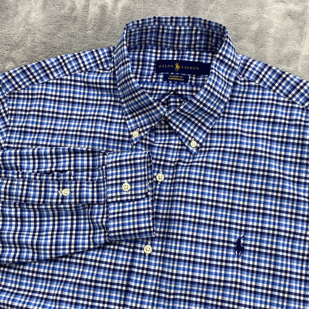 Ralph Lauren‎ Mens XL Performance Gingham Button Down Shirt Blue Classic Fit